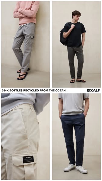 This image ad features a four-panel grid showcasing different colors and styles of men's pants by the brand Ecoalf, 