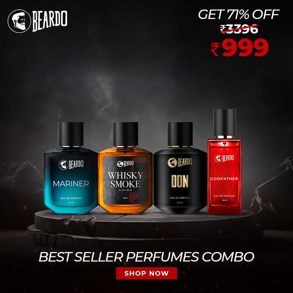 This image ad promotes Beardo's 'Best Seller Perfumes Combo,' featuring four different scents: Mariner, Whis
