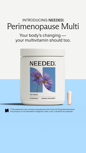 This ad for Needed's Perimenopause Multi features the product container and a single dose capsule against a two-tone