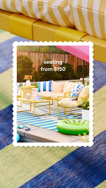 This image ad showcases outdoor seating options from $150, set in a sunny backyard with a pool.