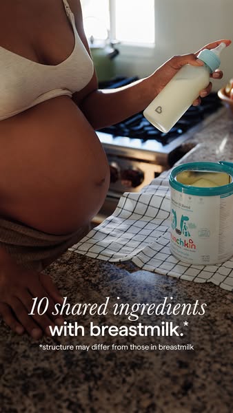 This image ad for Munchkin formula emphasizes the shared ingredients between the formula and breastmilk. It uses a photo
