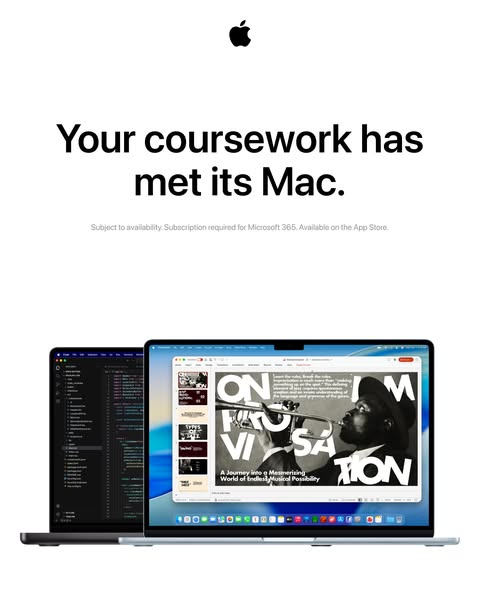 This ad for Mac targets students and highlights Mac's ability to handle their coursework. The laptops display variou
