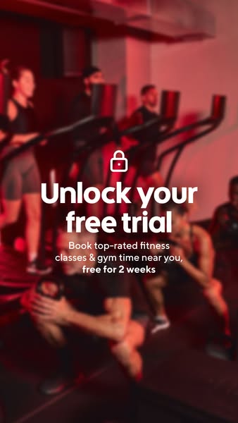 This image ad for a fitness app provides a lock icon and messaging about unlocking a free trial for top-rated fitness cl
