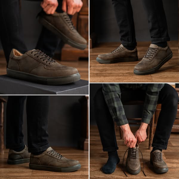 This ad is a product demo showcasing a pair of brown leather sneakers for men. It features 4 separate shots of the produ