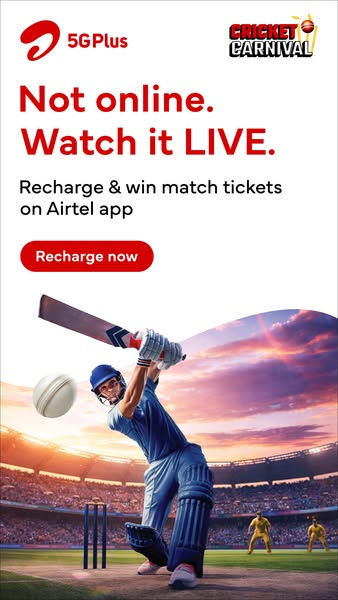 Airtel promotes the opportunity to win tickets to live cricket matches by recharging on the Airtel app. The ad encourage