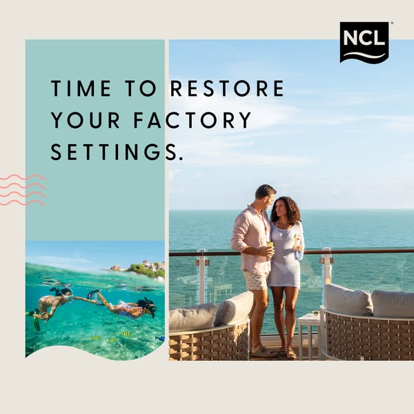 This image ad for Norwegian Cruise Line (NCL) uses a split-screen design, one side showing a couple snorkeling and the o
