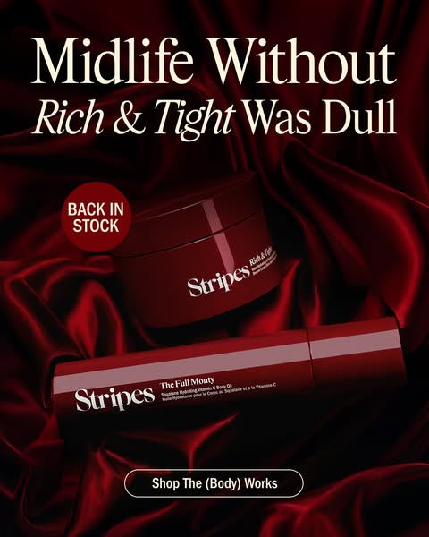 This image ad for Stripes features their body care product line against a silky red fabric background. It includes a bac
