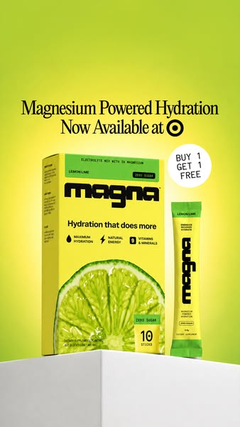 This ad promotes Magna electrolyte mix with magnesium, highlighting its availability at Target and a buy-one-get-one-fre