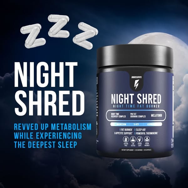 This image ad promotes Inno Supps Night Shred, a nighttime fat burner supplement that also supports sleep and revs up me