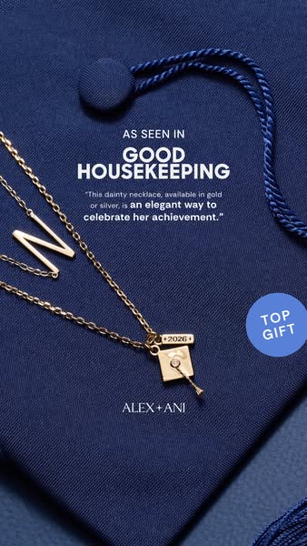 This image ad promotes Alex and Ani necklaces as a gift for celebrating a graduation. It shows a close up shot of a gold