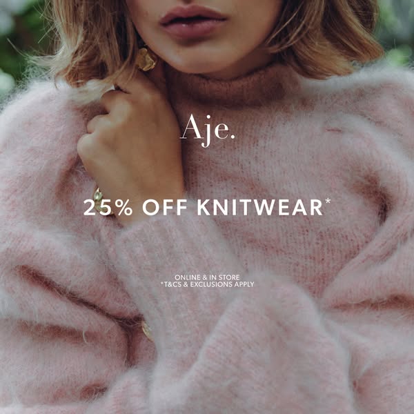 An image ad features a close up of a person wearing a pink knit sweater. There is an offer of 25% off Knitwear.
