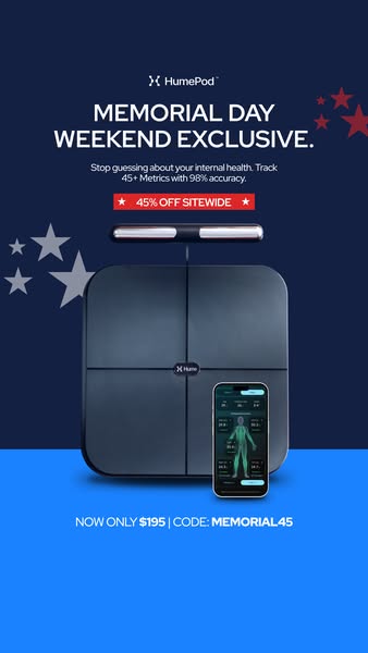 The ad promotes HumePod, a product that tracks 45+ internal health metrics with 98% accuracy and is running a 45% off si