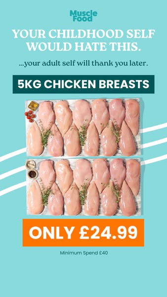 This image ad by Muscle Food promotes 5KG of chicken breasts at a price of £24.99, with a minimum spend of £40. The ad u