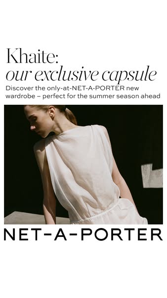 This ad is for Khaite, advertising its exclusive capsule at NET-A-PORTER. It features a model wearing a dress from the c