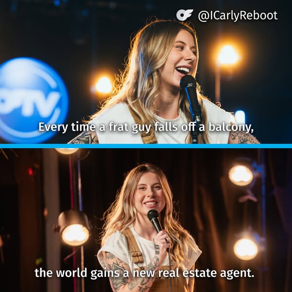 A TikTok split-screen video ad from the @iCarlyReboot account features a female comedian on stage making a joke about fr