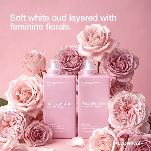 This ad showcases Tallow + Ash laundry products, emphasizing their sophisticated fragrances and gentle formulas. The vis