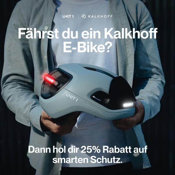 This ad is designed to bring awareness to UNIT 1 smart helmets for Kalkhoff E-Bike users. The ad features a photo of a U