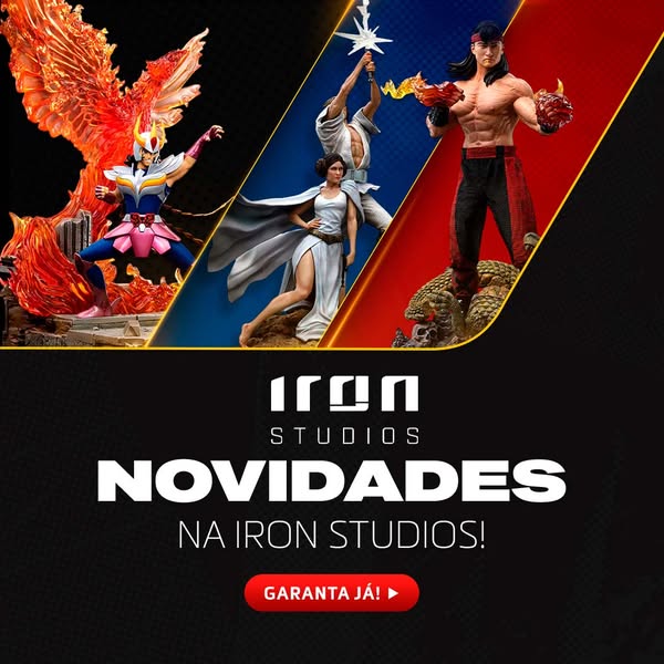 This ad for Iron Studios features statues of characters from multiple franchises.