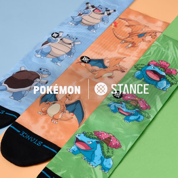 This ad promotes the partnership between Pokemon and Stance. Three pairs of Pokemon-themed socks are shown, featuring Sq