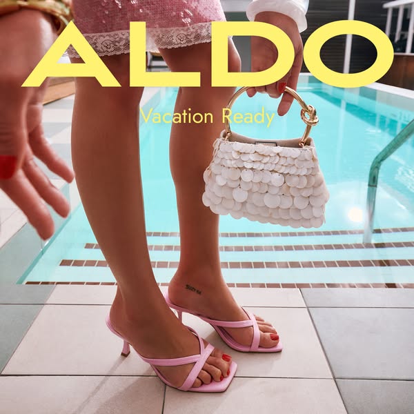 This ad features an image showcasing ALDO shoes and a handbag, styled in a way that evokes a vacation vibe.