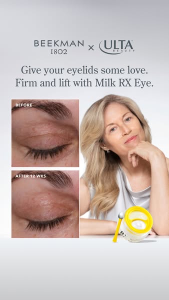 This image ad features a collaboration between Beekman 1802 and Ulta Beauty, promoting the Milk RX Eye cream. It showcas