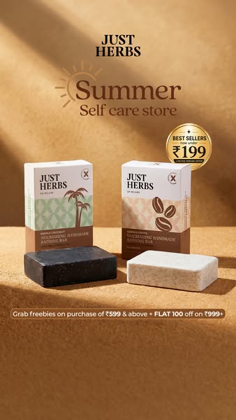 This image ad for Just Herbs features their handmade bathing bars. The ad highlights the brand's summer self-care st