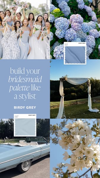 This ad showcases a variety of pale blue bridesmaid dresses and wedding decorations with a color palette of flowers, car