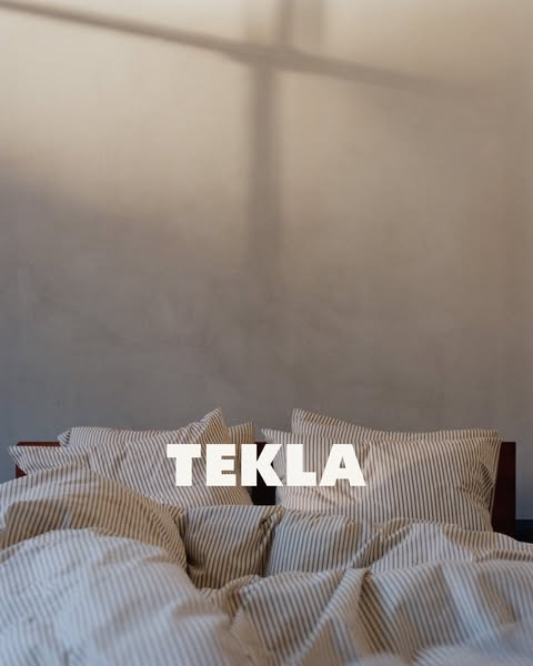 This image ad promotes TEKLA bedding. The image focuses on the bedroom set with a neutral color palette and emphasizes c