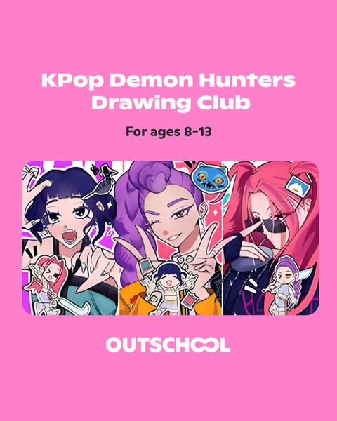 This ad promotes an online drawing club for kids aged 8-13, focusing on KPop Demon Hunters. The ad features anime-style 