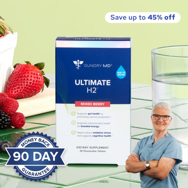 This ad for Gundry MD's Ultimate H2 promotes the product's benefits for gut health, boosted energy, and cognitiv