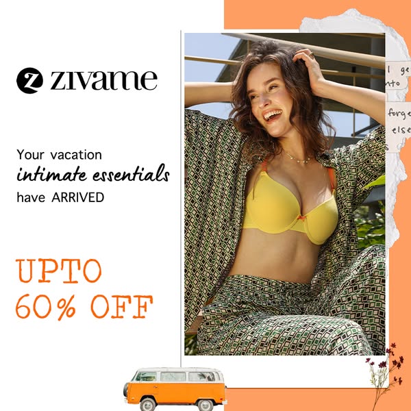 This image ad by Zivame promotes vacation intimate essentials with a discount offer of up to 60% off, targeting women wh