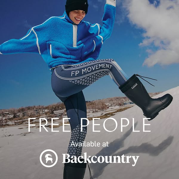 This ad showcases Free People activewear and boots available at Backcountry. The ad features a woman in Free People acti