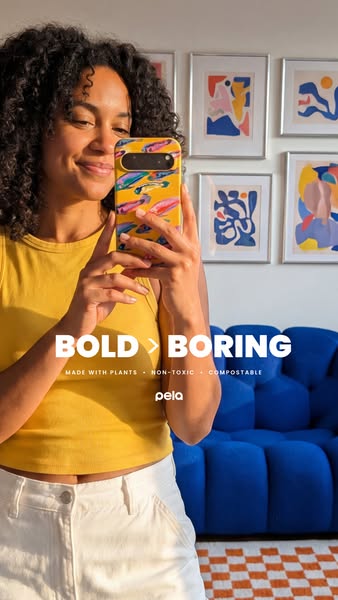 This ad promotes Pela phone cases as an alternative to typical phone cases because they are made with plants, non-toxic,