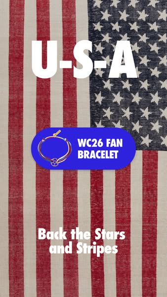 This ad promotes a WC26 fan bracelet, utilizing a patriotic theme with a US flag background and related text to appeal t