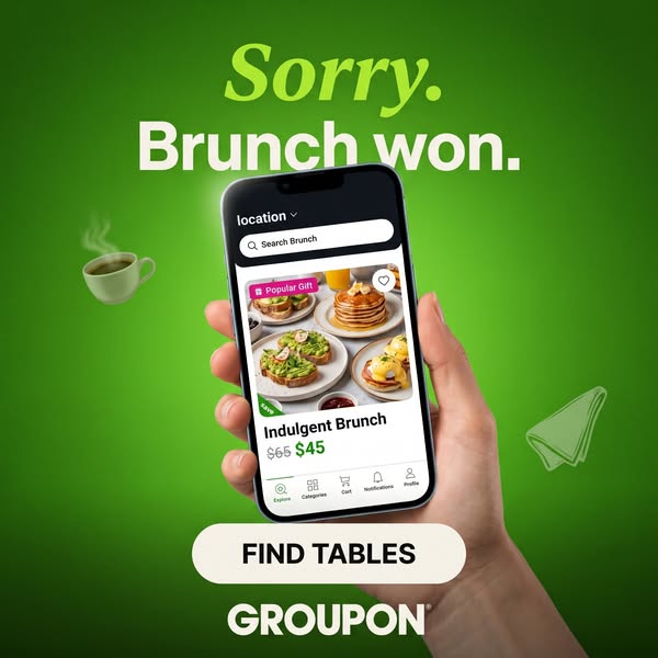 This image ad for Groupon uses an image of a mobile phone screen that shows discounted brunch options. The ad highlights