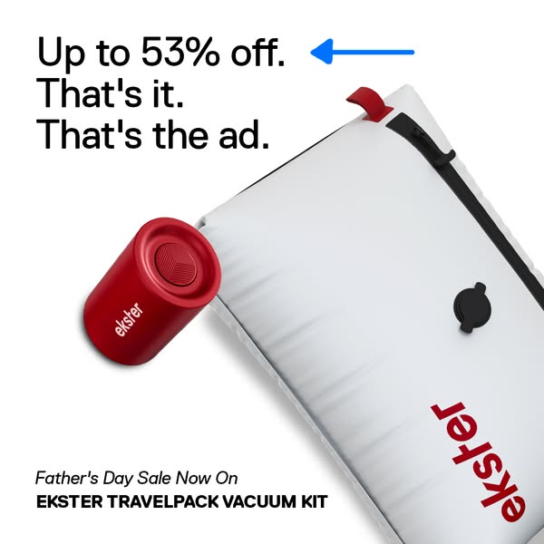 This ad features the Ekster Travelpack Vacuum Kit, emphasizing its convenience and the ongoing Father's Day sale.