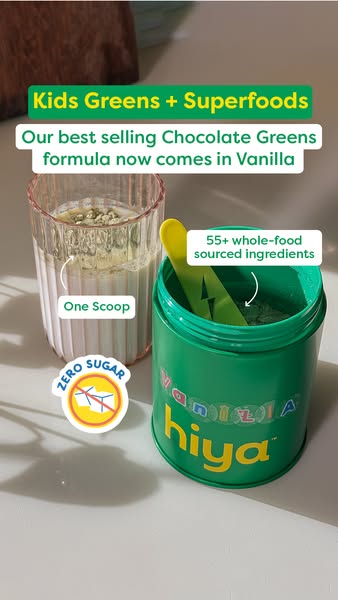 This ad showcases Hiya's Vanilla flavored Kids Greens + Superfoods powder. It highlights the product's key featu