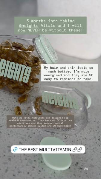 A photo of Heights vitamin capsules highlights their features and benefits. The capsules have 20 vital nutrients, no add