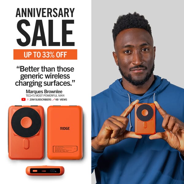 This ad for Ridge mobile power bank promotes an anniversary sale with a discount of up to 33% off. Marques Brownlee endo