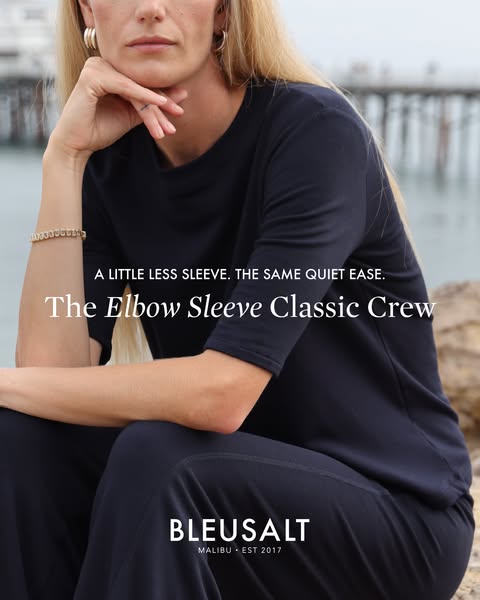 This ad features a woman wearing the Elbow Sleeve Classic Crew shirt from Bleusalt. The ad highlights the comfort of the