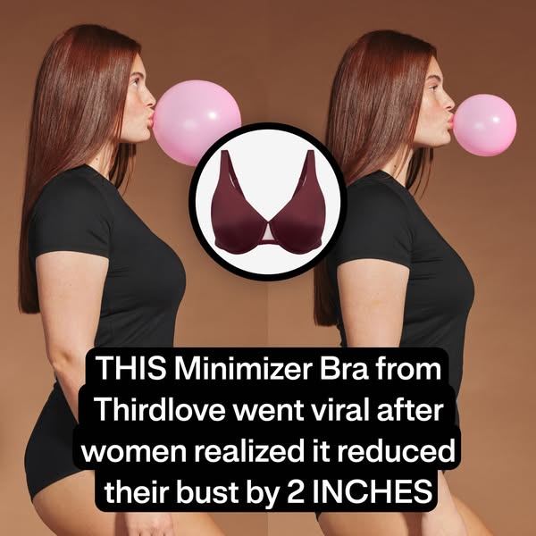 This ad shows a before and after of a woman wearing a minimizer bra. The ad claims that the bra reduces bust size by 2 i