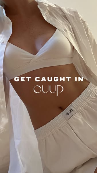 This ad features a woman wearing a CUUP bra and shorts. The ad is designed to showcase the brand's products in a lif