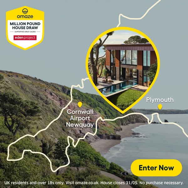 This Omaze image ad promotes a chance to win a million-pound house draw. The image depicts a map of Cornwall, England, h