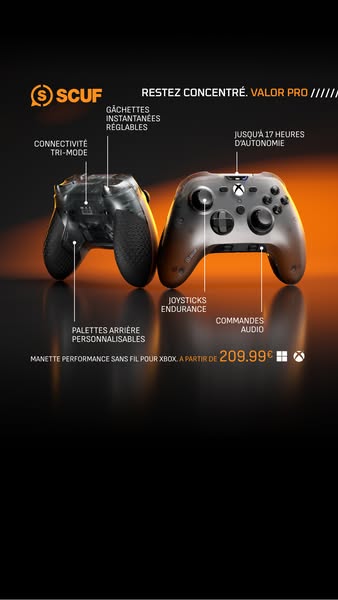 This ad showcases the features of the SCUF Valor Pro wireless Xbox controller, highlighting its connectivity, triggers, 