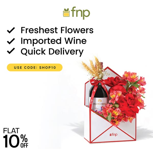 This ad for fnp promotes flower and wine delivery with a discount code.