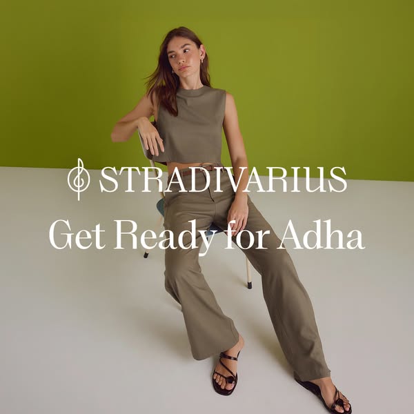 This ad by Stradivarius features a woman in a matching set in an earthy tone with the text overlay 'Stradivarius Get