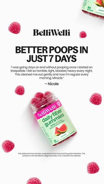 This image ad for BelliWelli promotes their daily fiber gummies with watermelon flavor. It features a product shot, a cu