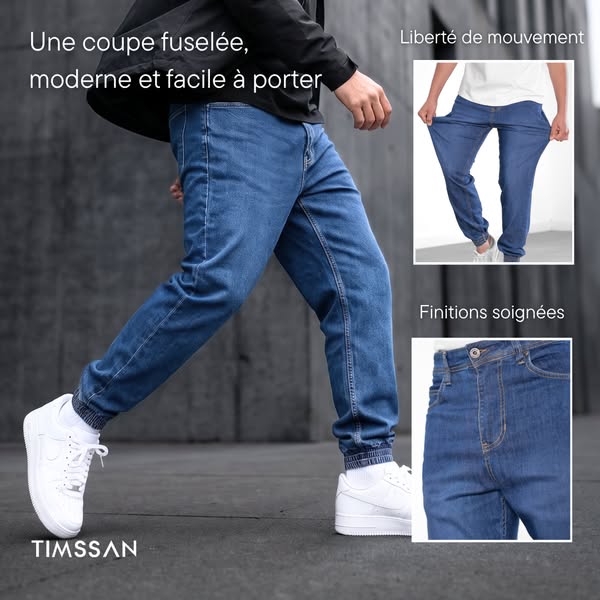 This ad showcases TIMSSAN jeans, highlighting their modern, tapered fit, freedom of movement, and quality finishes, targ