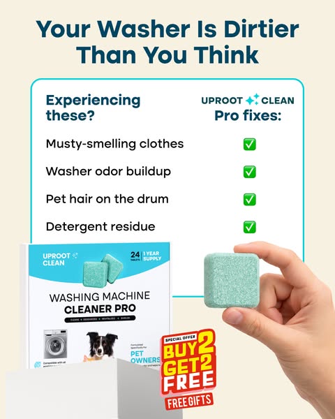 The ad highlights the issue of dirty washing machines and offers Uproot Clean Pro as a solution. It emphasizes the probl