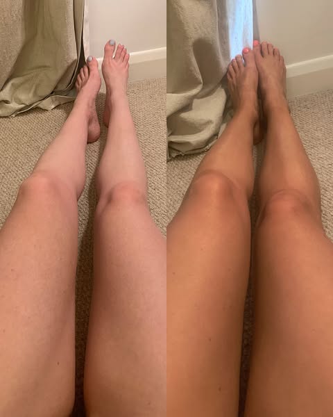 This ad shows a before and after of a woman's legs after using a tanning product.